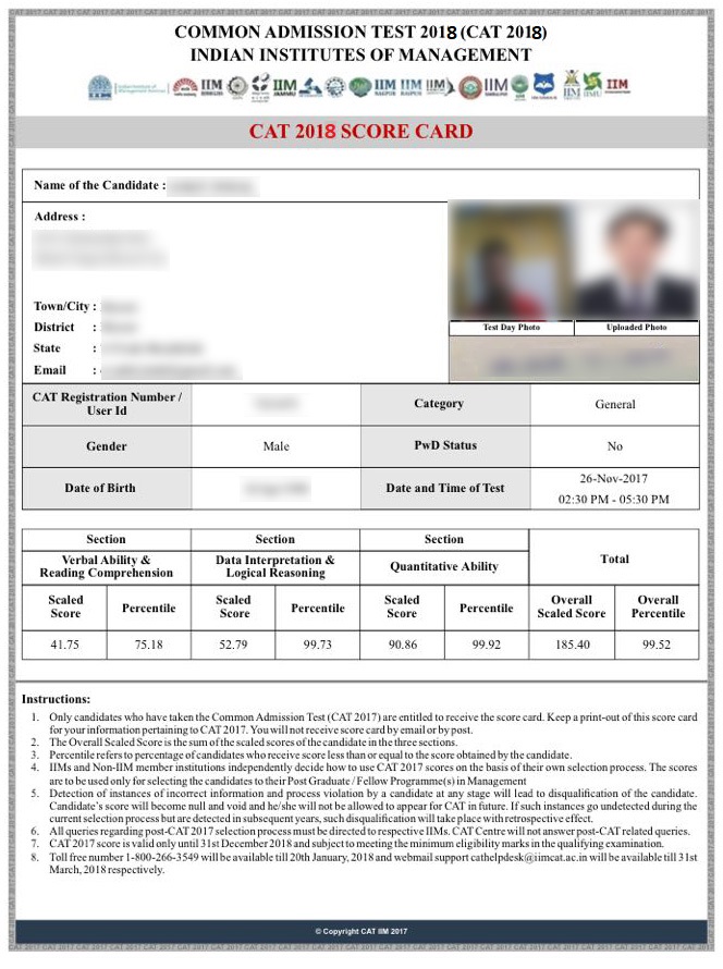 CAT Result 2020 Score Card Download